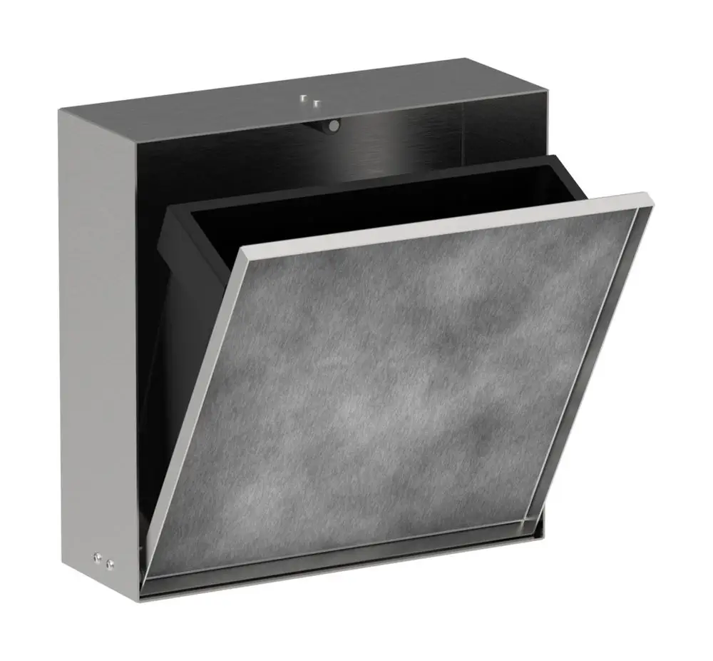Einbau-Abfalleimer aus gebürstetem Edelstahl mit einer befliesbaren Tür. Das Produkt stammt von Hansgrohe und ist für die Wandmontage geeignet.